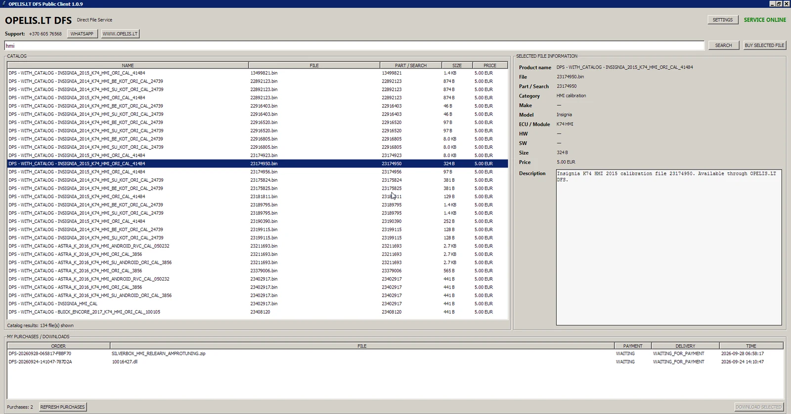 OPELIS.LT DFS Public Client main screen with live catalog and selected file information